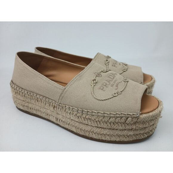Prada Women's Beige Platform Espadrilles Sandals Flats Size 37.5 - Picture 1 of 7